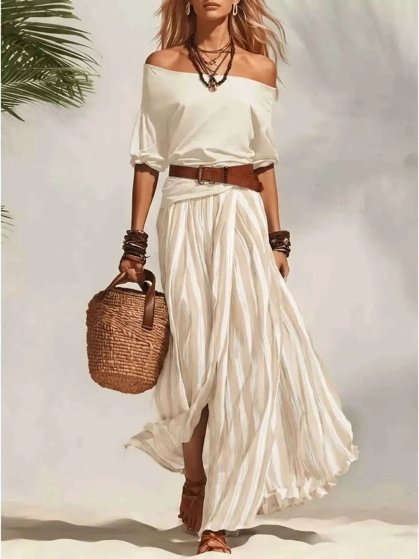 Off Shoulder Top and Striped Maxi Skirt Set with Belt
