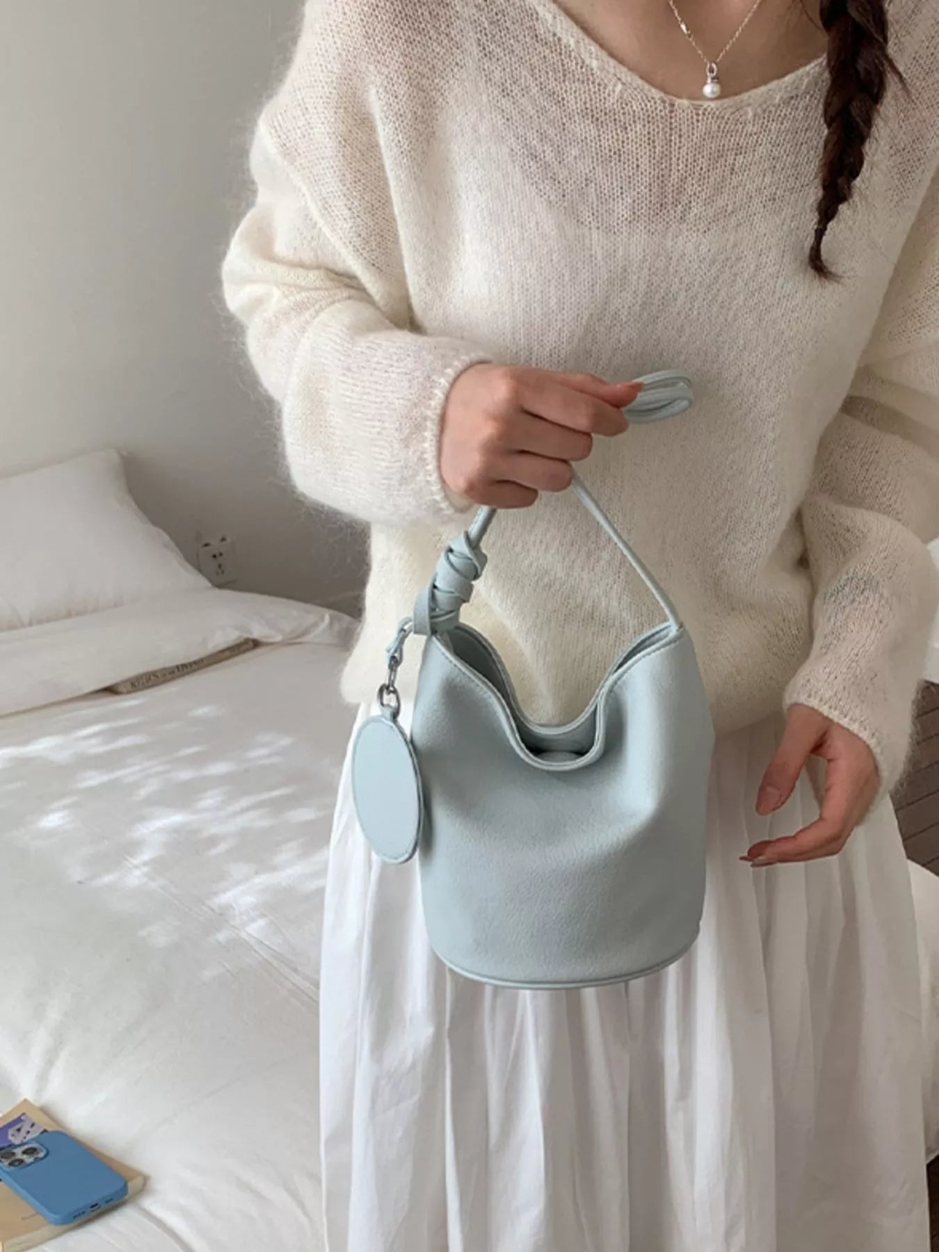 Small PU Leather Bucket Handbag – Front View | Celina Studio