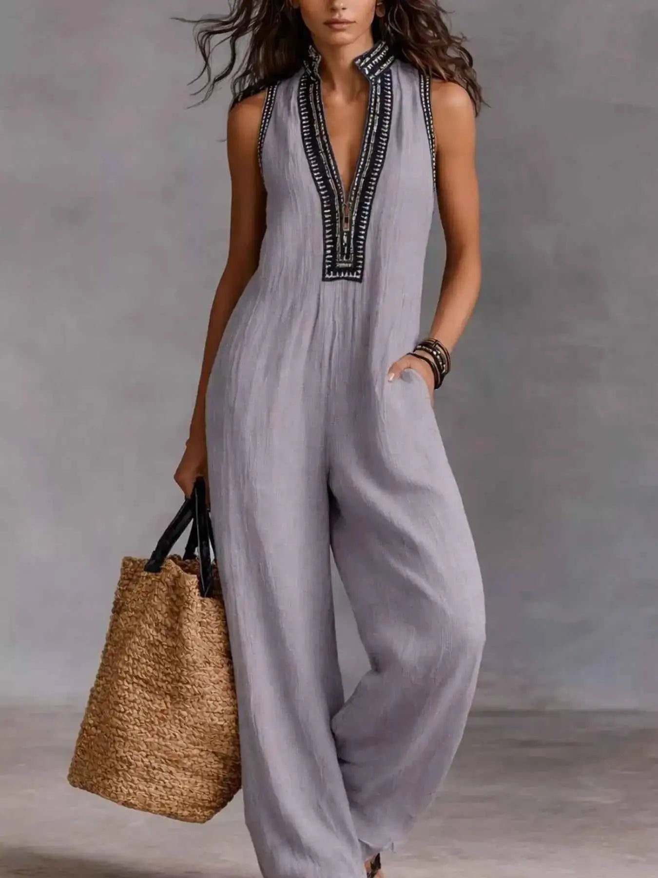 Sleeveless Wide-Leg Embroidered Jumpsuit