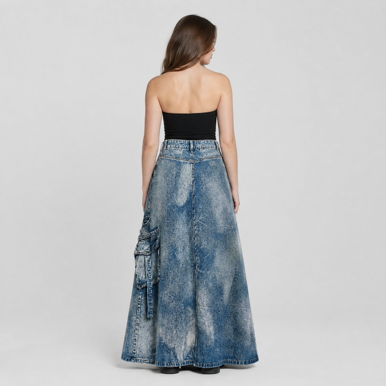 High-Waisted Denim Maxi Skirt with Zipper Slit