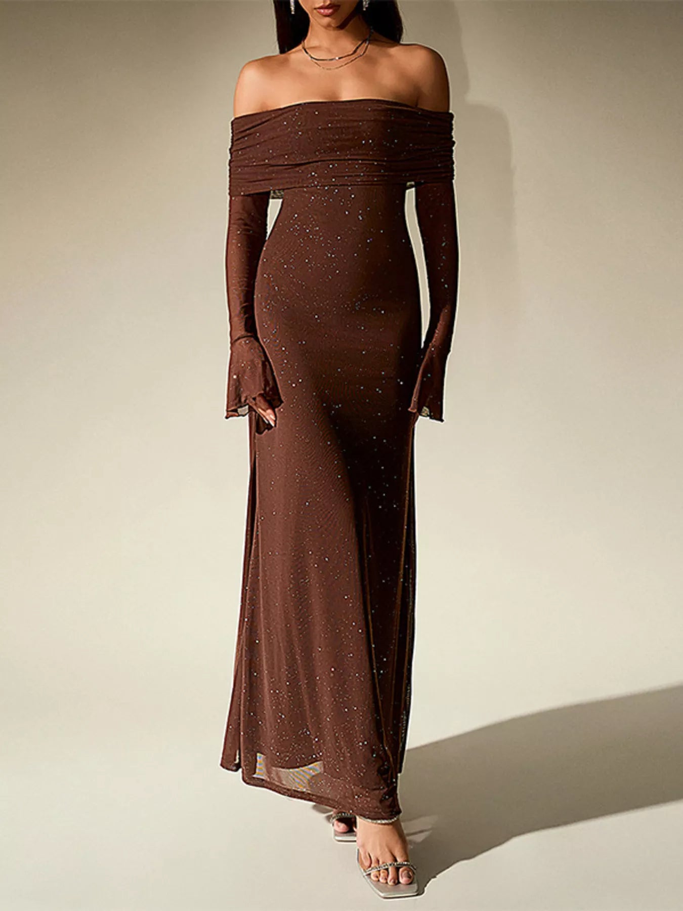 Glitter Off-Shoulder Maxi Dress – Color Option | Celina Studio