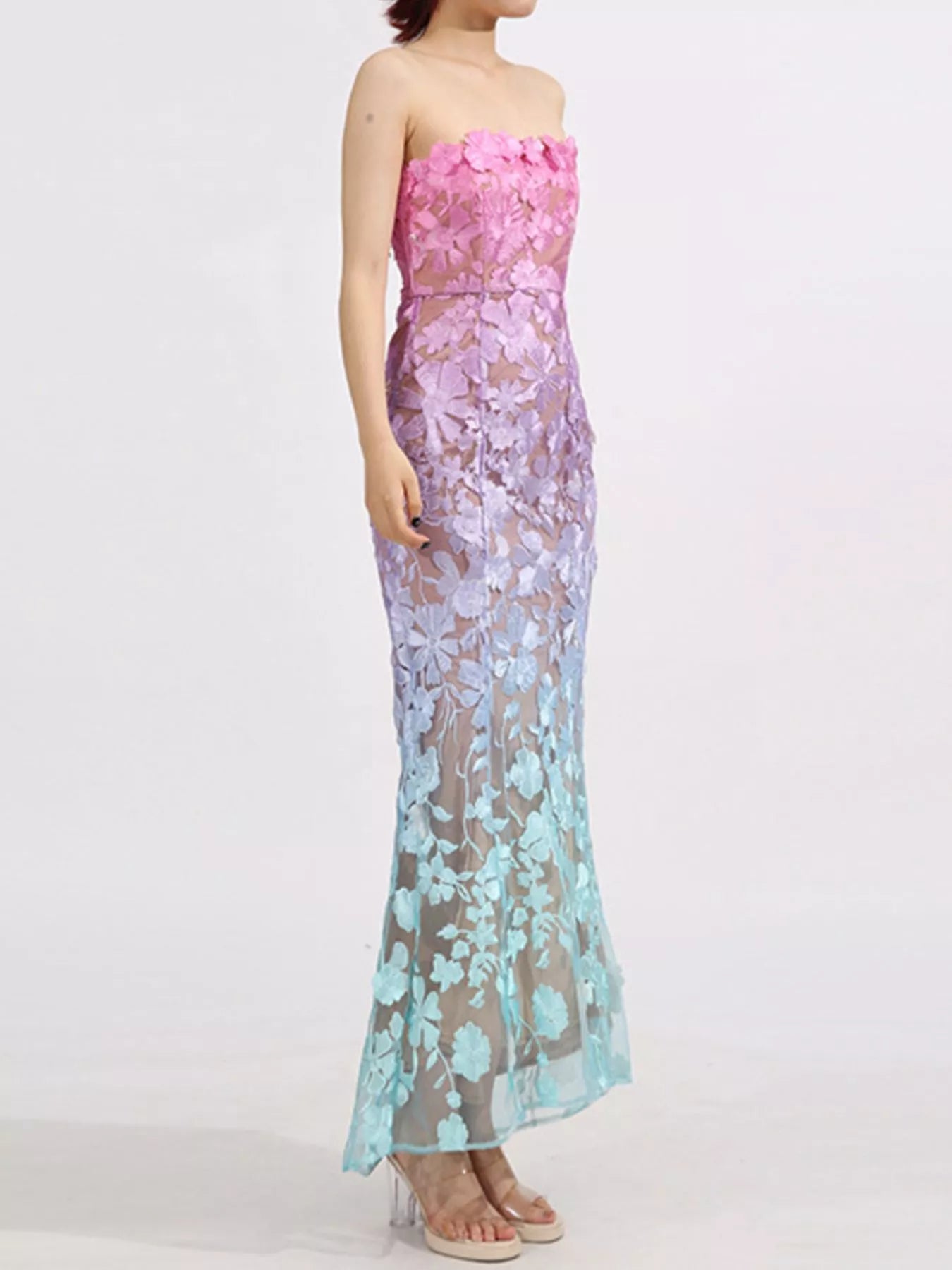 Floral Embroidered Strapless Tube Maxi Dress – Embroidery Detail Close-Up | Celina Studio