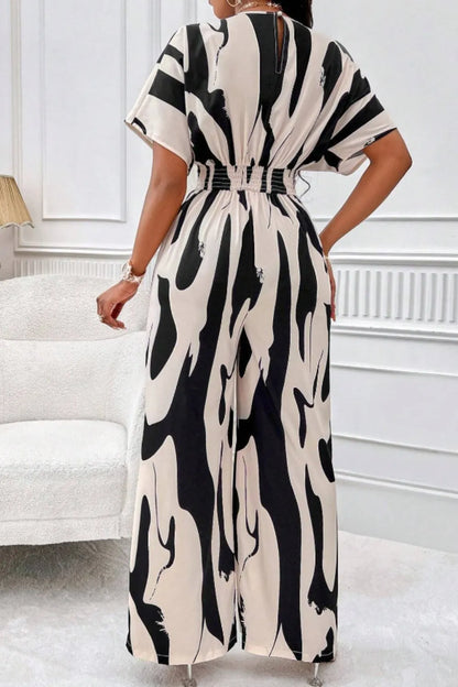 Printed V-Neck Short Sleeve Wide Leg Jumpsuit – Side View | Celina Studio