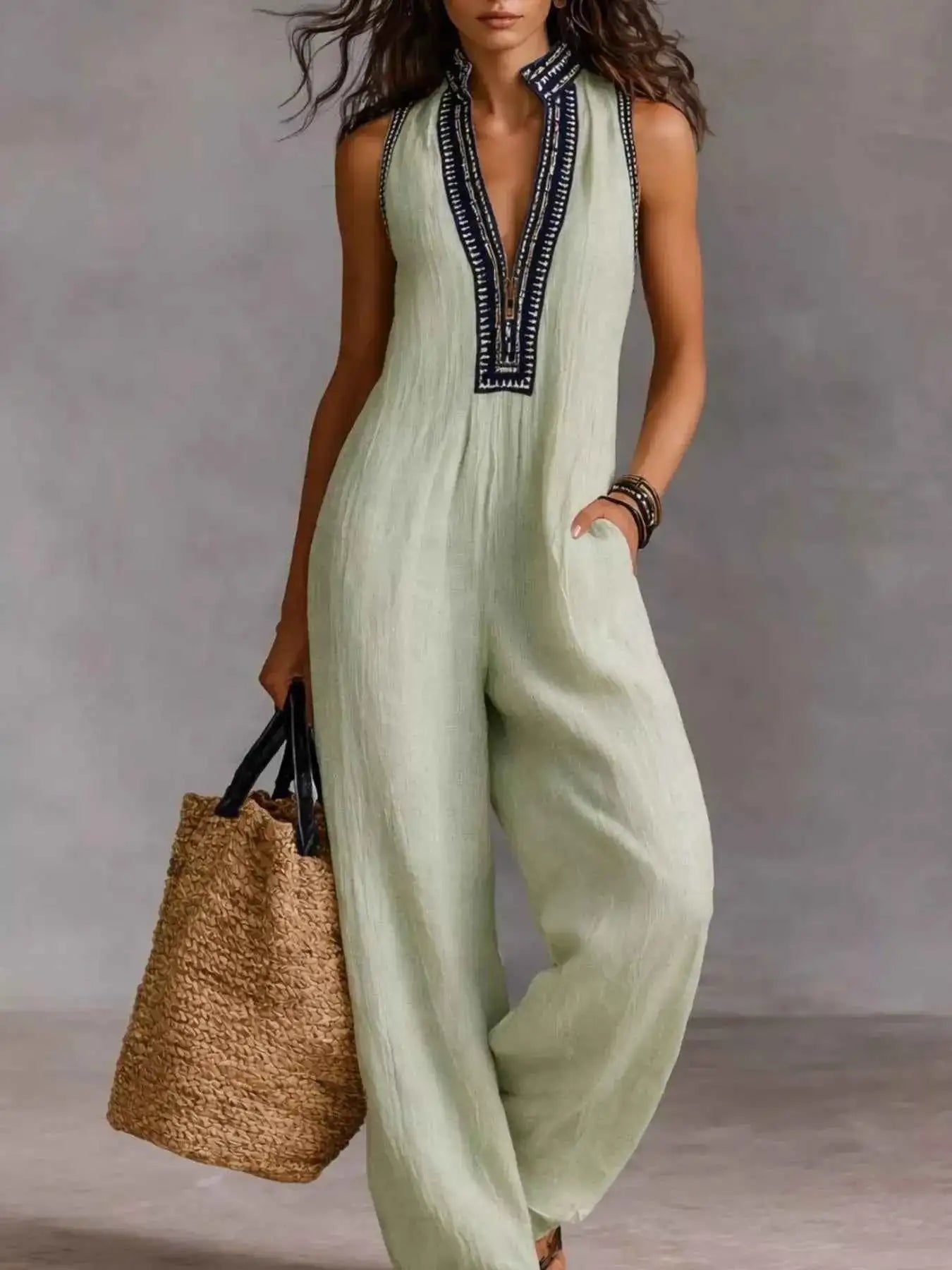 Sleeveless Wide-Leg Embroidered Jumpsuit