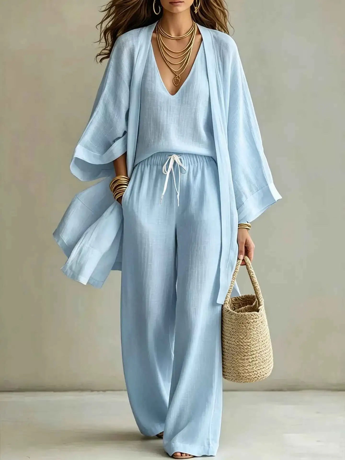 V-Neck Top & Cardigan & Pants Three-Piece Set