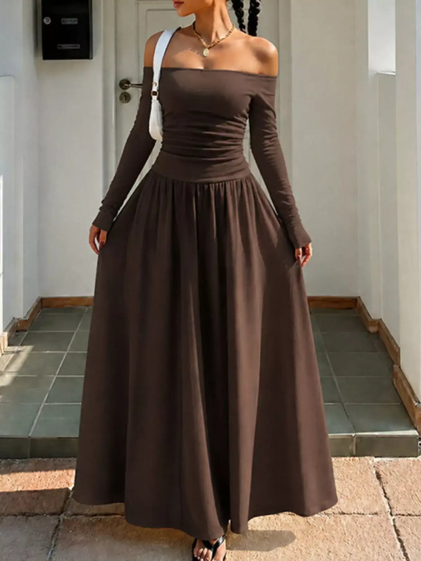 Off-the-Shoulder Ruched Maxi Dress – Color Option 1
