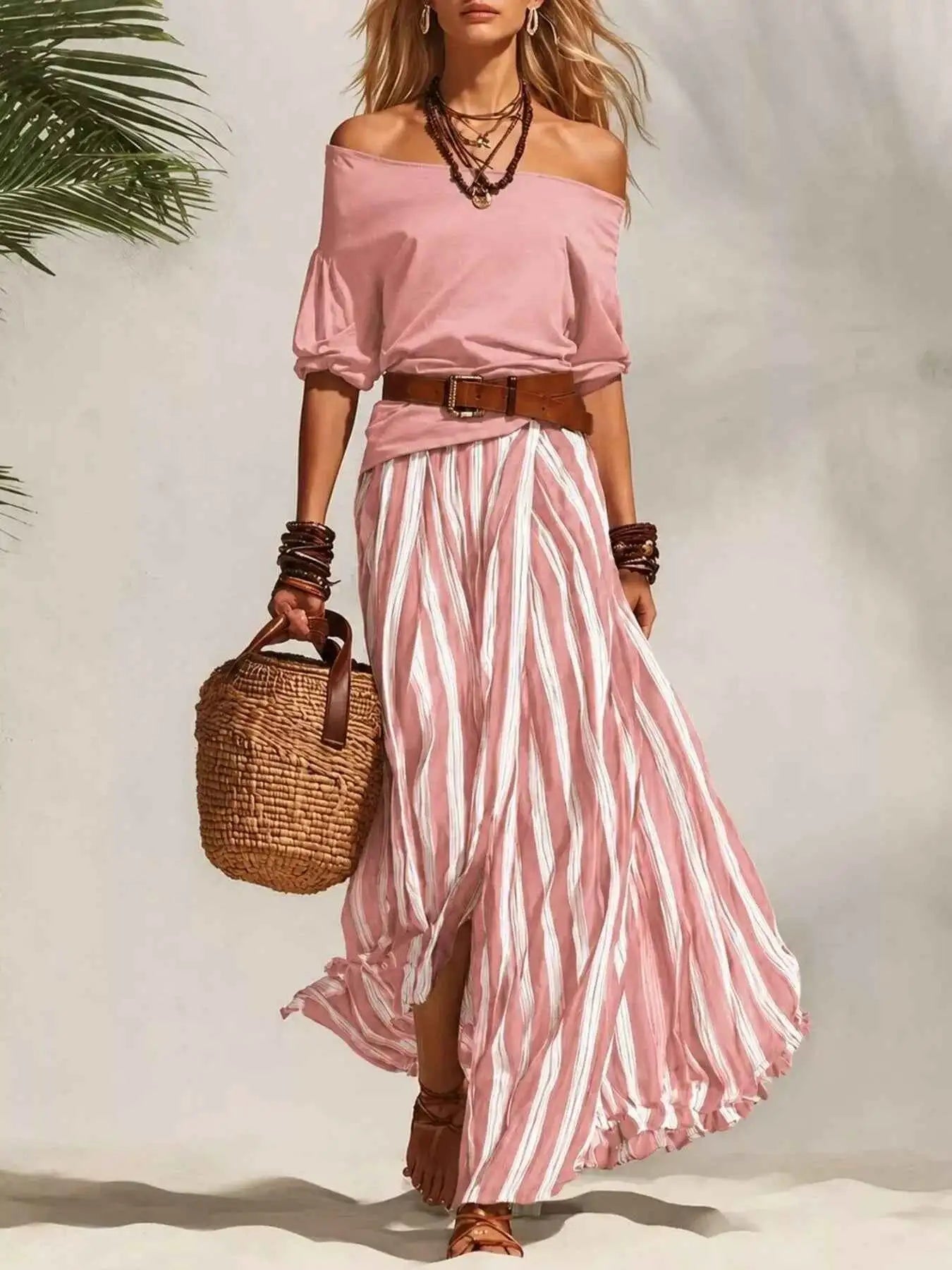 Off Shoulder Top and Striped Maxi Skirt Set with Belt