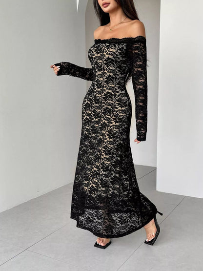 Off-Shoulder Lace Maxi Dress – Side View | Celina Studio