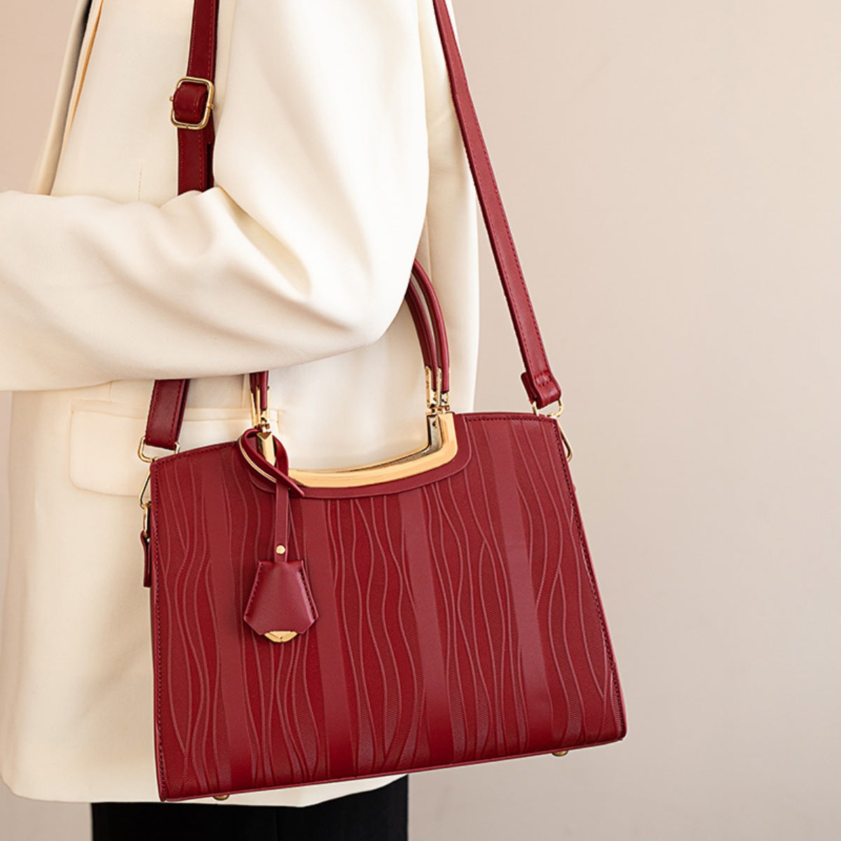 Textured PU Leather Top-Handle Handbag – Side View | Celina Studio