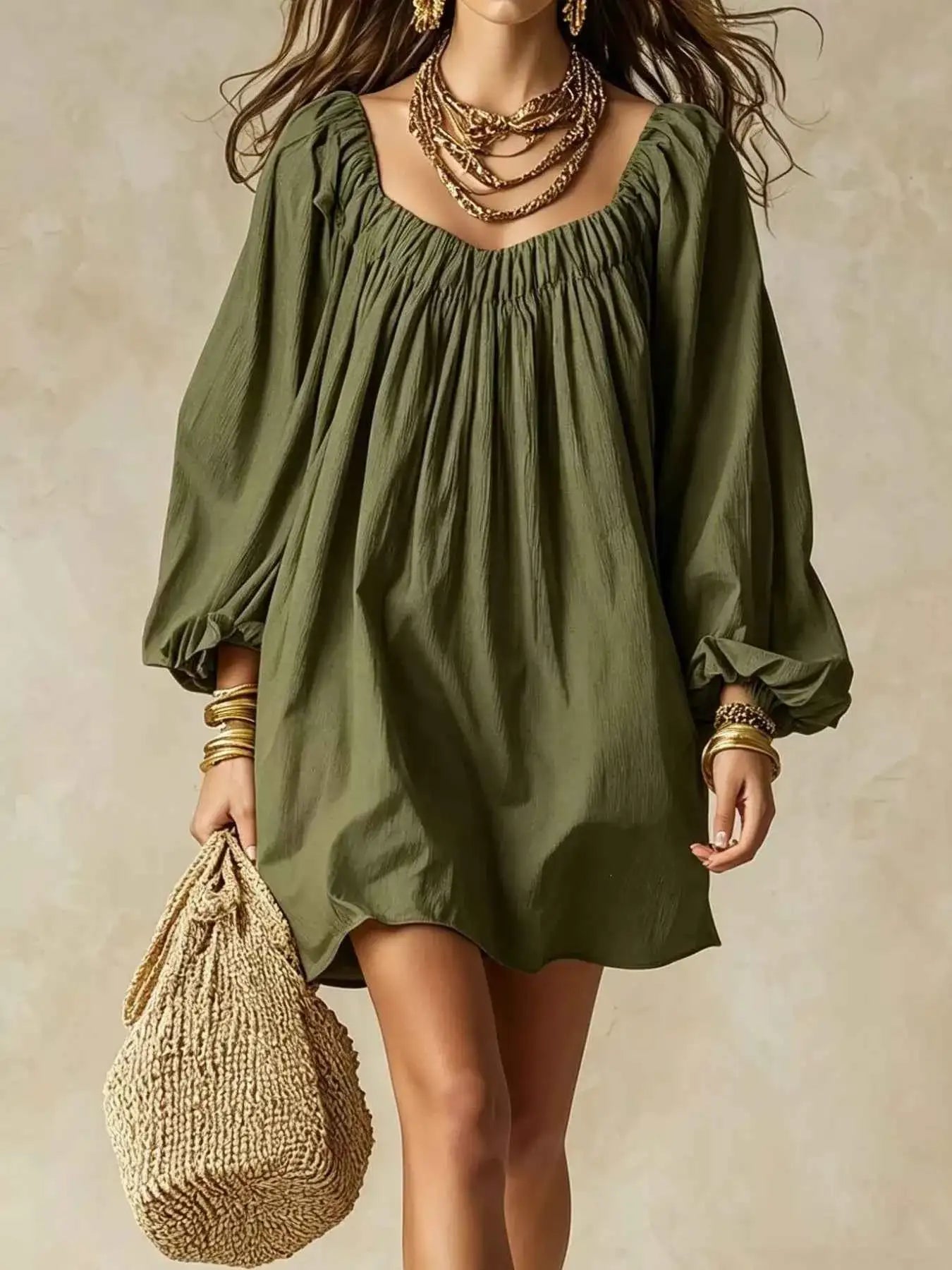 Flowy Balloon Sleeve Mini Dress