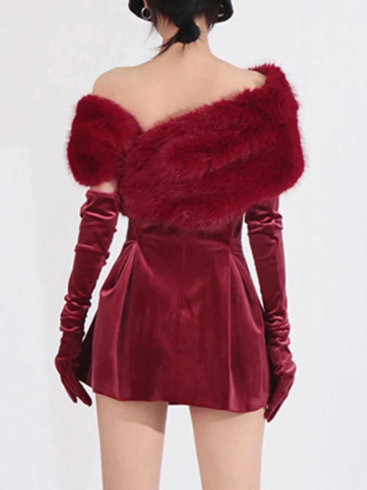 Red Fuzzy Off-Shoulder Mini Dress – Occasion Styling Shot | Celina Studio