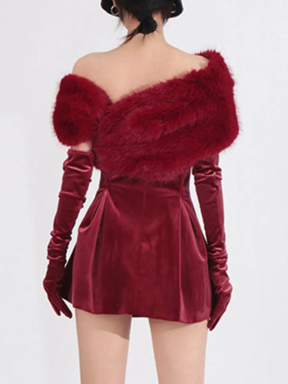 Red Fuzzy Off-Shoulder Mini Dress – Occasion Styling Shot | Celina Studio
