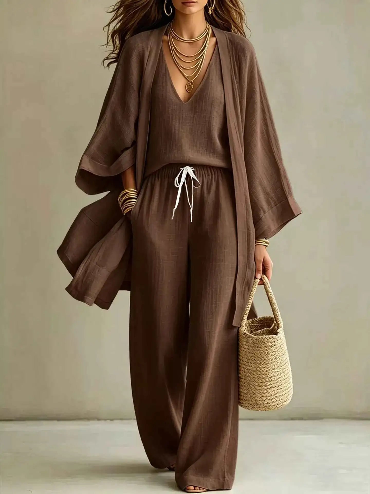 V-Neck Top & Cardigan & Pants Three-Piece Set