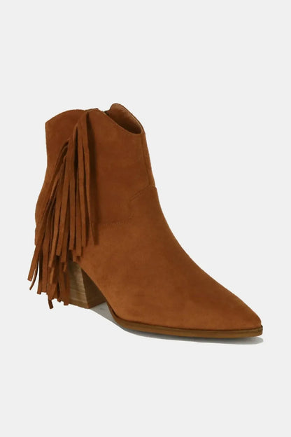 Suede Fringe Point Toe Ankle Boots – Front View | Celina Studio