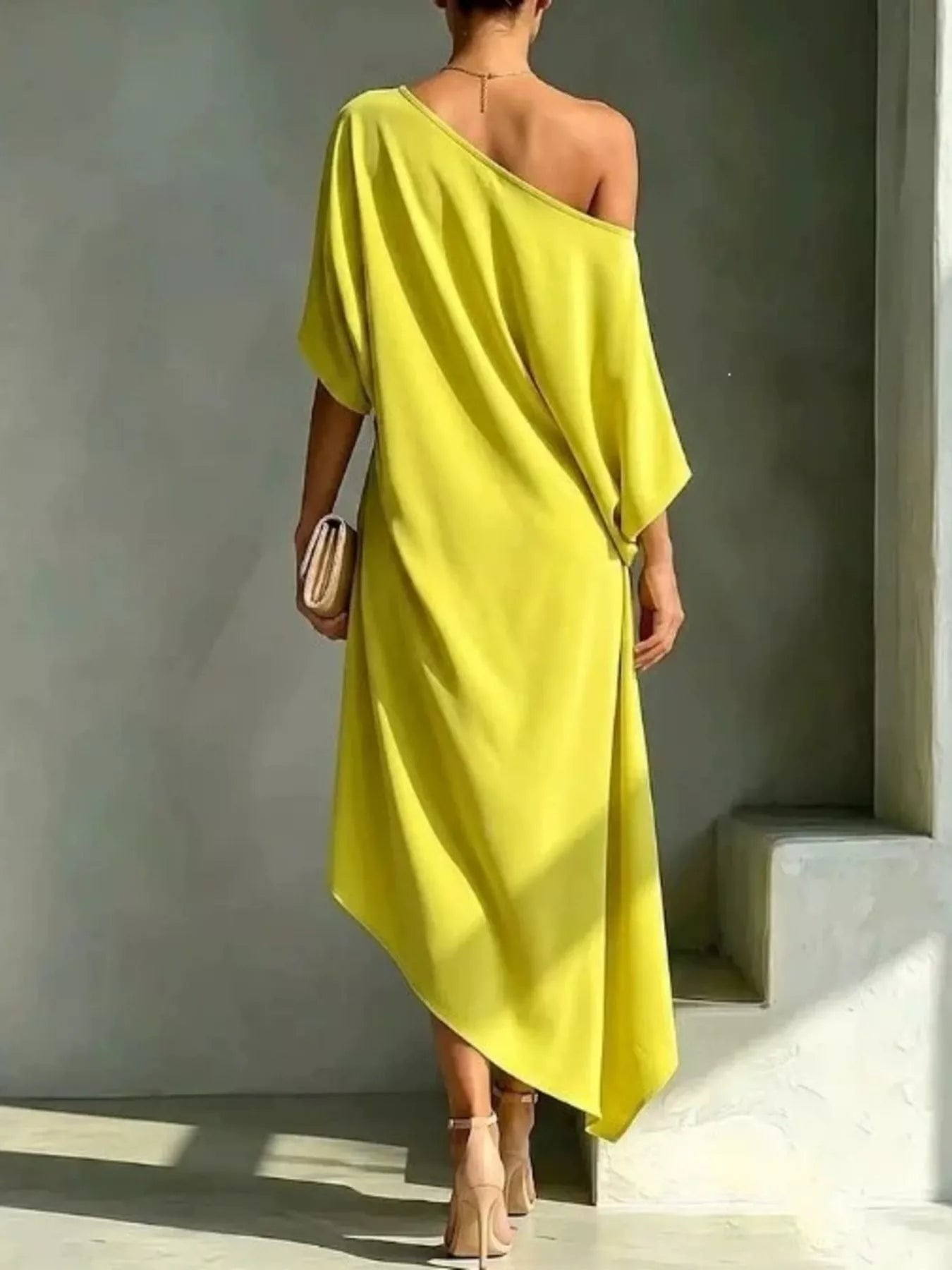 Asymmetrical One-Shoulder Drape Dress – Side View | Celina Studio