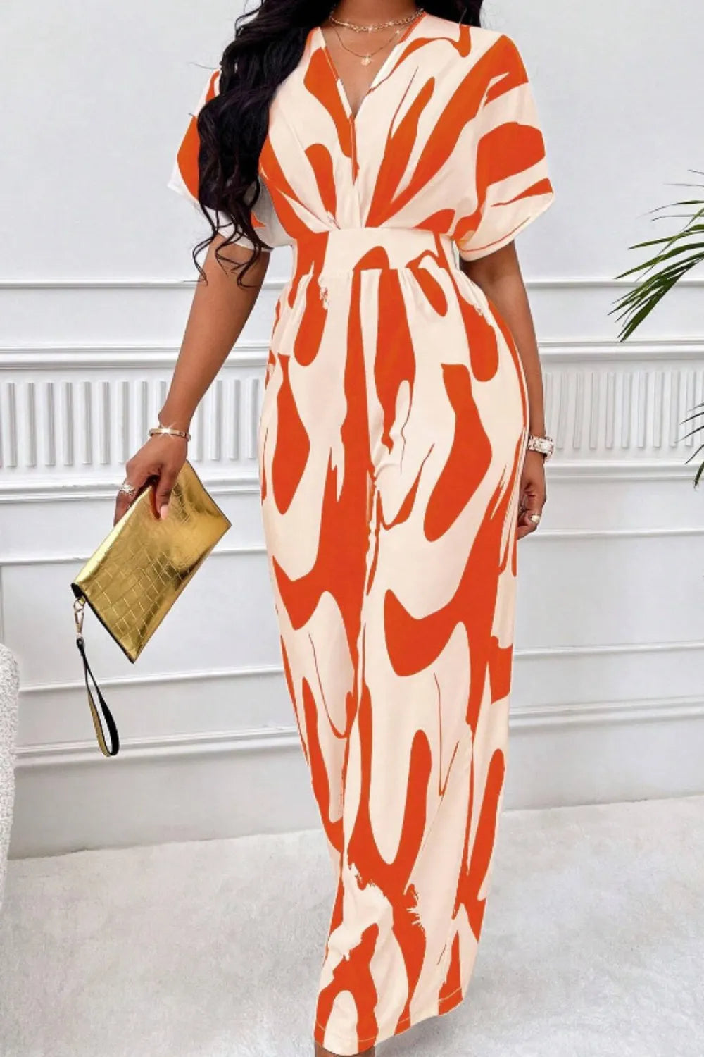 Celina Studio Printed V-Neck Short Sleeve Wide Leg Jumpsuit – Full Length Front