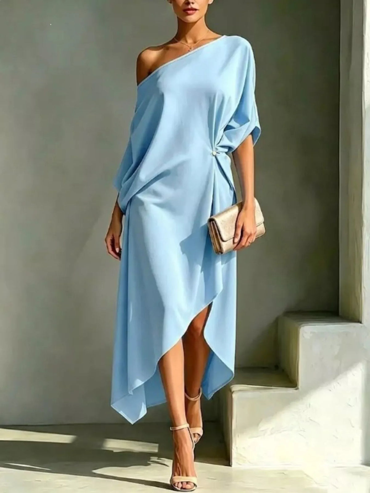 Asymmetrical One-Shoulder Drape Dress – Back View | Celina Studio