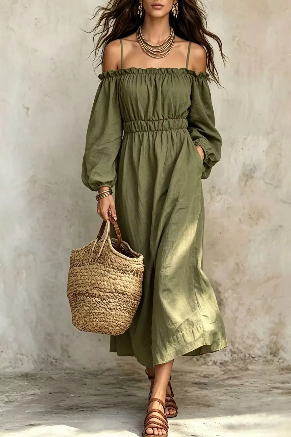 Spaghetti Strap Balloon Sleeve Dress – Front View