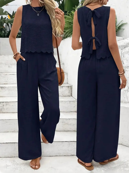 Tie Back Round Neck Top and Pants Set – Color Option | Celina Studio