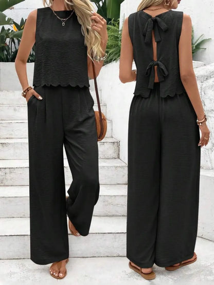 Celina Studio Tie Back Round Neck Top and Pants Set – Full Length Back