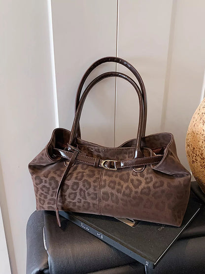 Large Leopard-Print PU Leather Handbag – Handle Detail