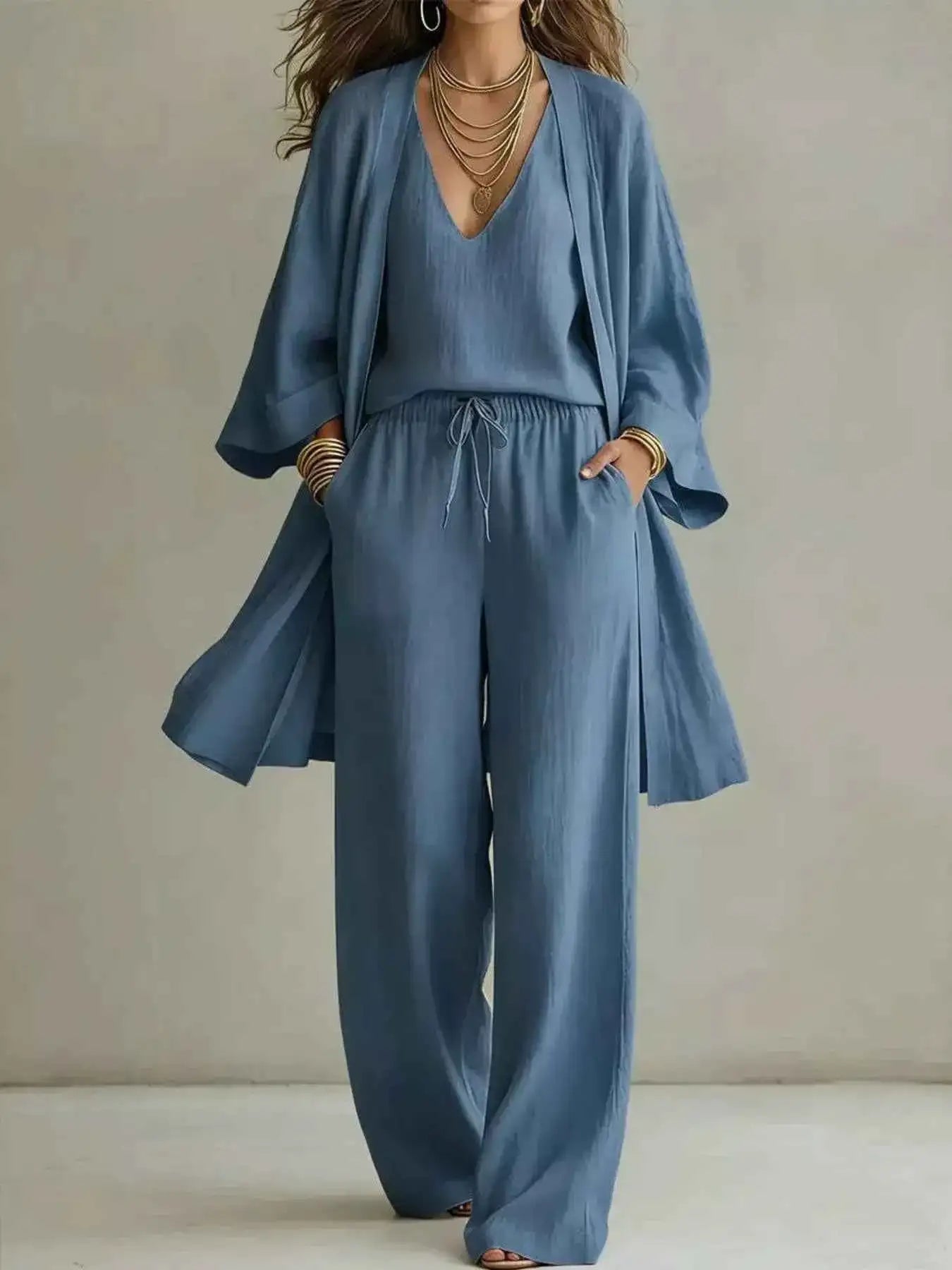 V-Neck Top & Cardigan & Pants Three-Piece Set