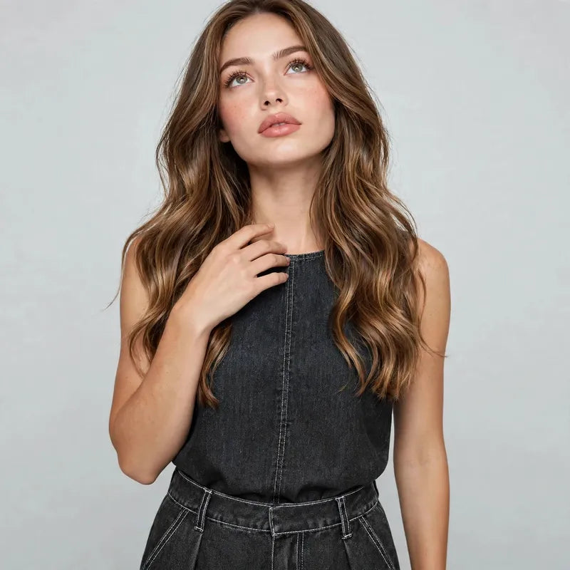 Black Denim tank and pants set on model, close-up detail