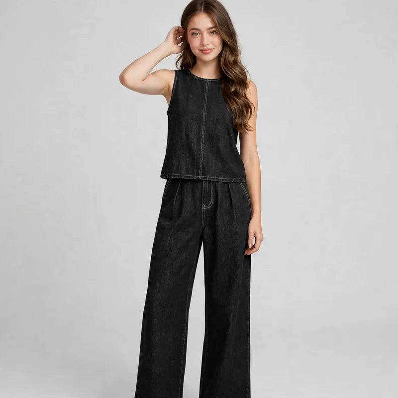 Black Denim tank and pants set on model, front view