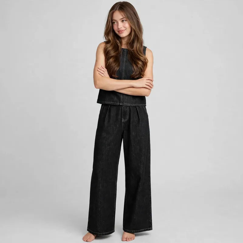 Black Denim tank and pants set on model, full-length view