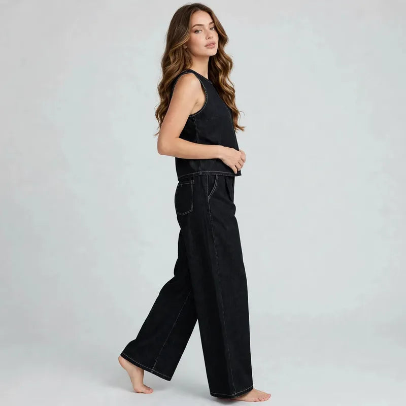 Black Denim tank and pants set on model, side view