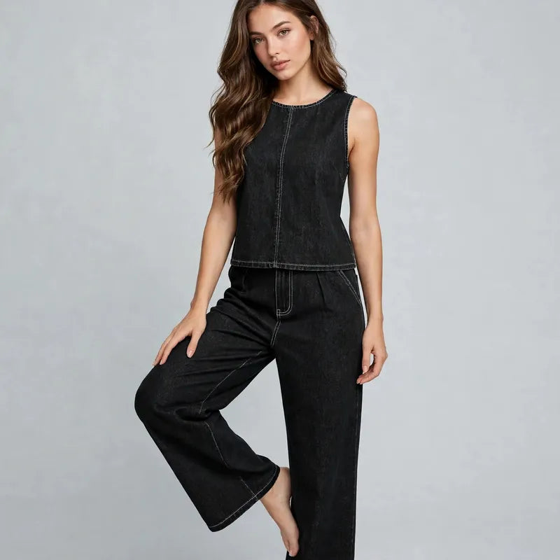 Black Denim tank and pants set on model, studio shot