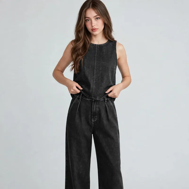 Black Denim tank and pants set on model, styled studio pose
