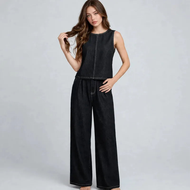 Black Denim tank and pants set on model, three-quarter view