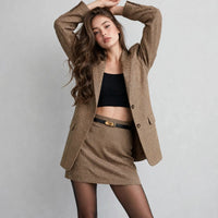 Single-Breasted Plaid Blazer Skirt Set