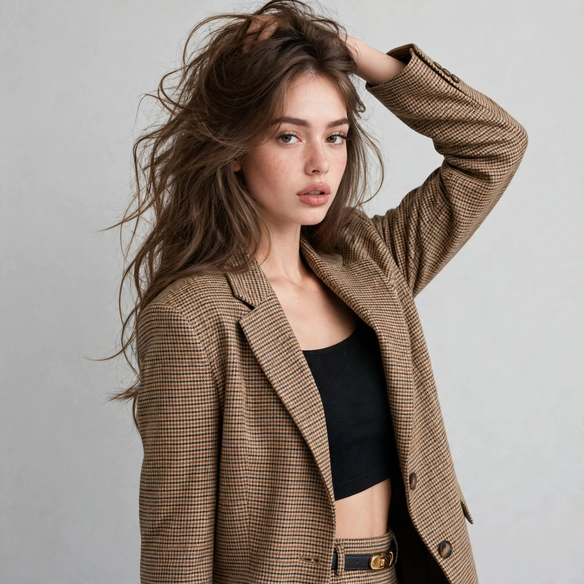 Close-up of a woman with hand in hair wearing a tan houndstooth single-breasted blazer over a black crop top, gray studio.