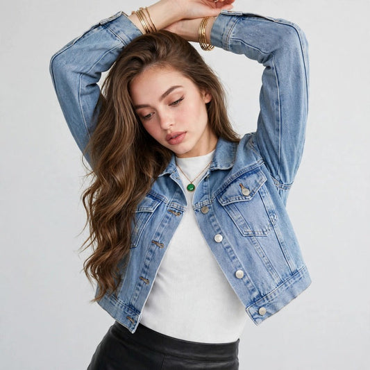 Close-up of model with arms raised in a light-wash cropped denim jacket with dropped shoulders over a white tee, front view
