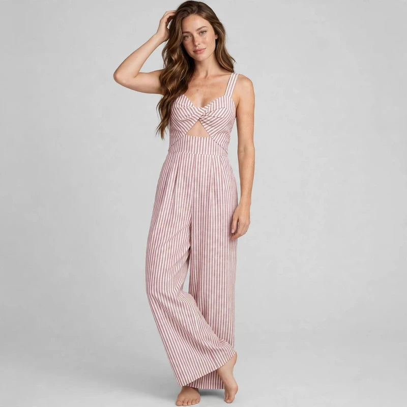 Blush Pink Striped cutout jumpsuit on model, styled studio pose