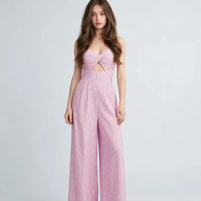 Blush Pink Striped cutout jumpsuit on model, styled studio pose