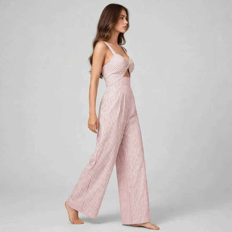 Blush Pink Striped cutout jumpsuit on model, side view