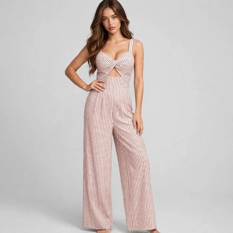 Blush Pink Striped cutout jumpsuit on model, studio shot