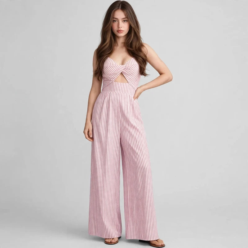 Blush Pink Striped cutout jumpsuit on model, three-quarter view
