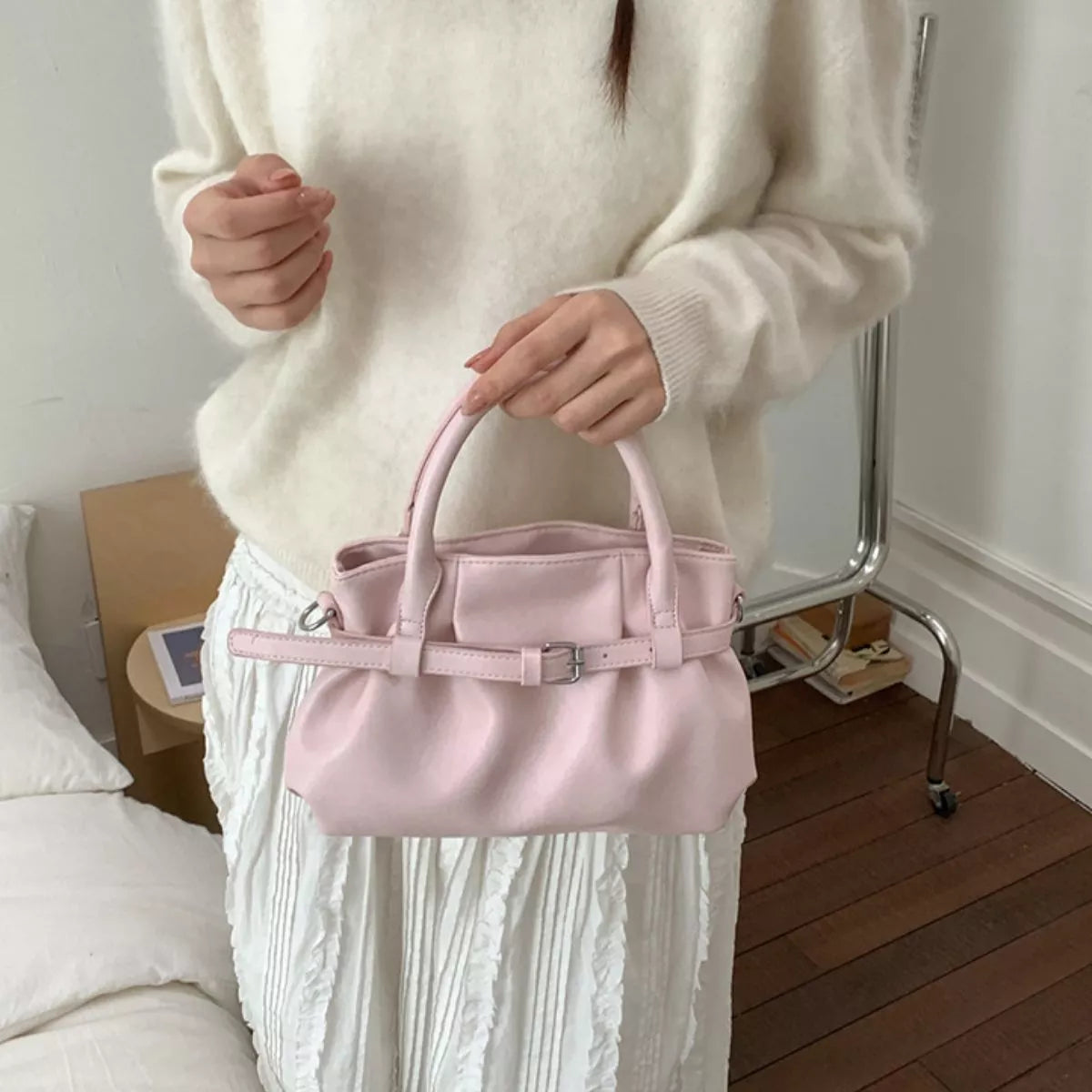 Pink Medium PU Leather Handbag – Back View | Celina Studio