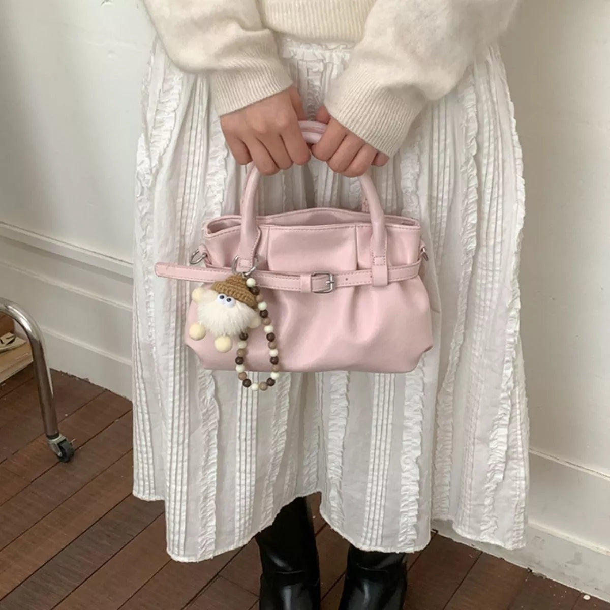 Pink Medium PU Leather Handbag – Interior View