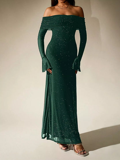Glitter Off-Shoulder Maxi Dress – Fabric Glitter Detail