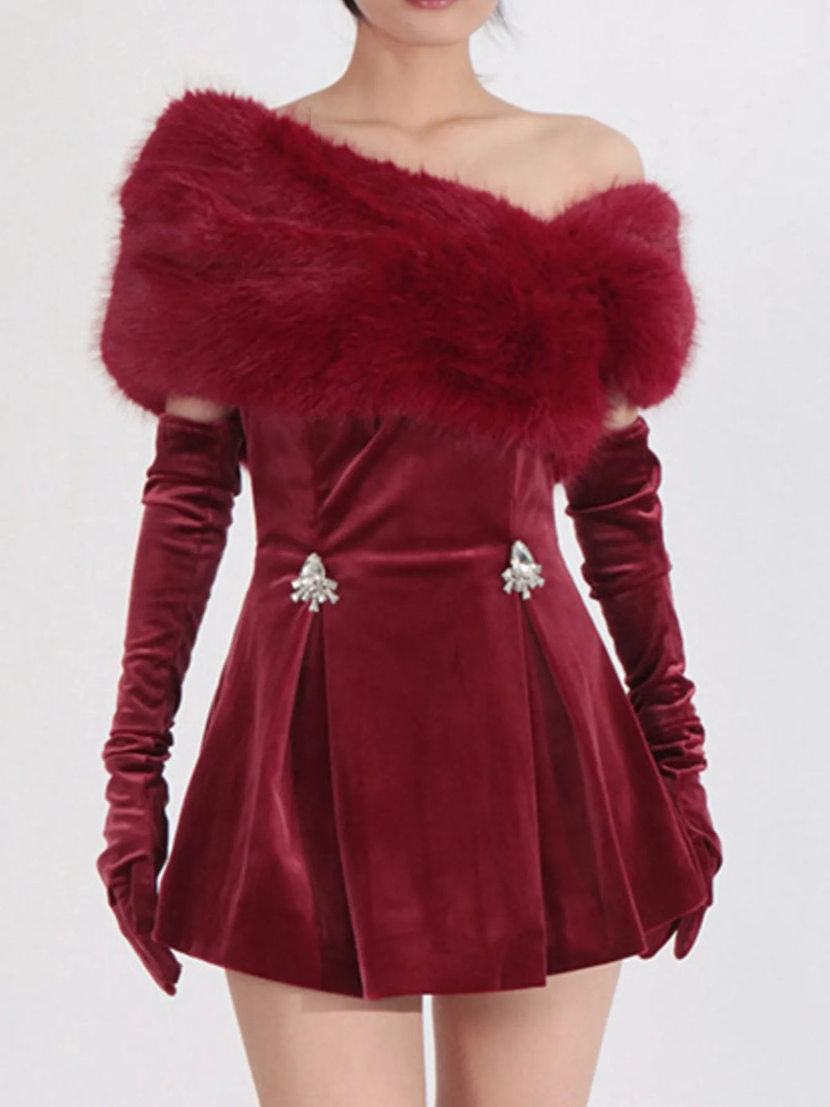 Red Fuzzy Off-Shoulder Mini Dress – Back View | Celina Studio