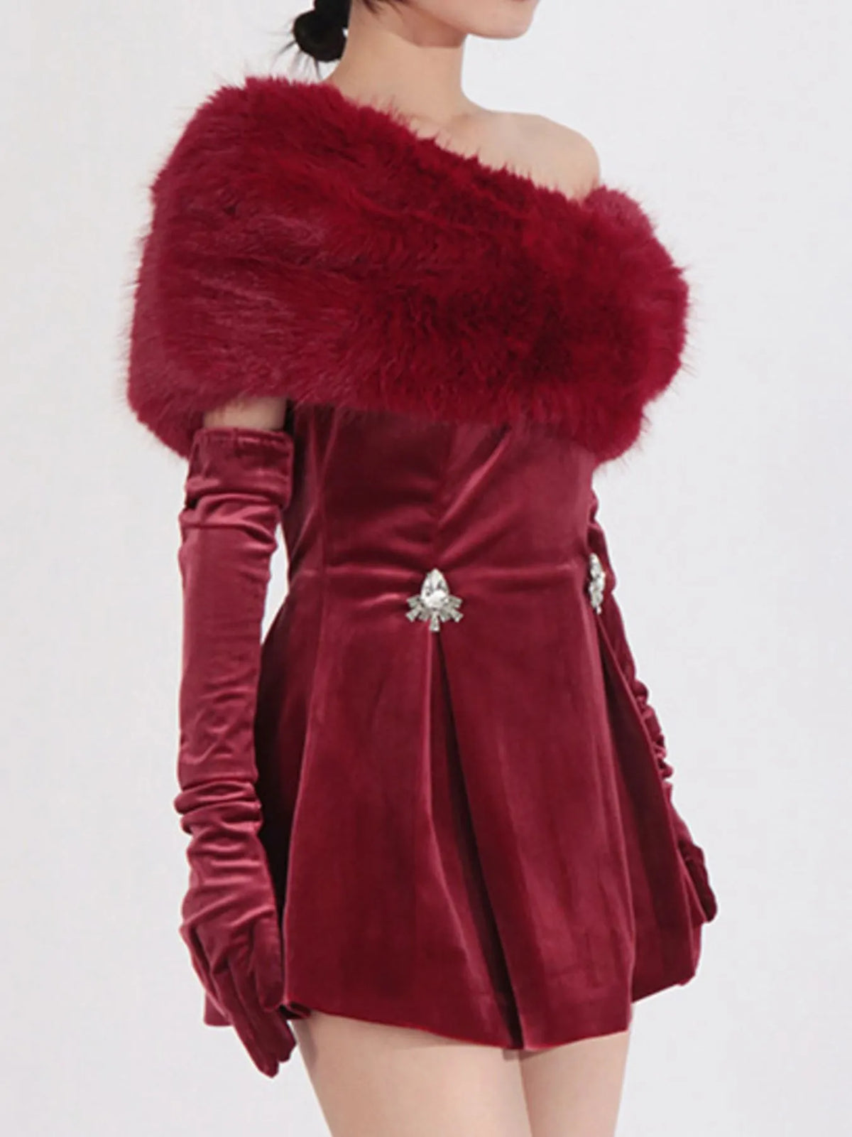 Red Fuzzy Off-Shoulder Mini Dress – Fuzzy Texture Detail | Celina Studio