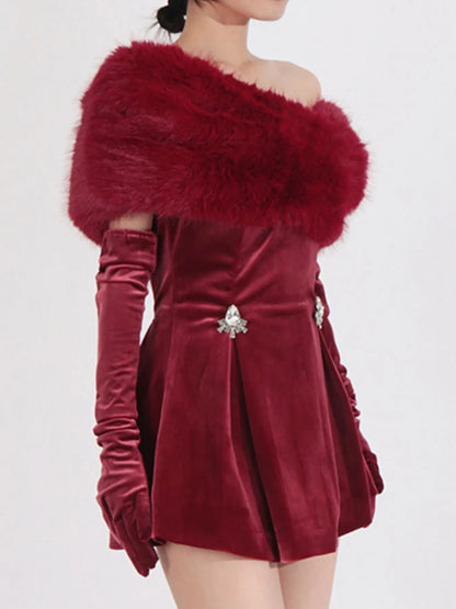 Red Fuzzy Off-Shoulder Mini Dress – Fuzzy Texture Detail | Celina Studio