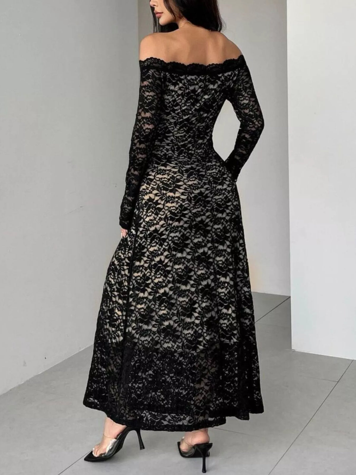 Off-Shoulder Lace Maxi Dress – Lace Detail Close-Up | Celina Studio