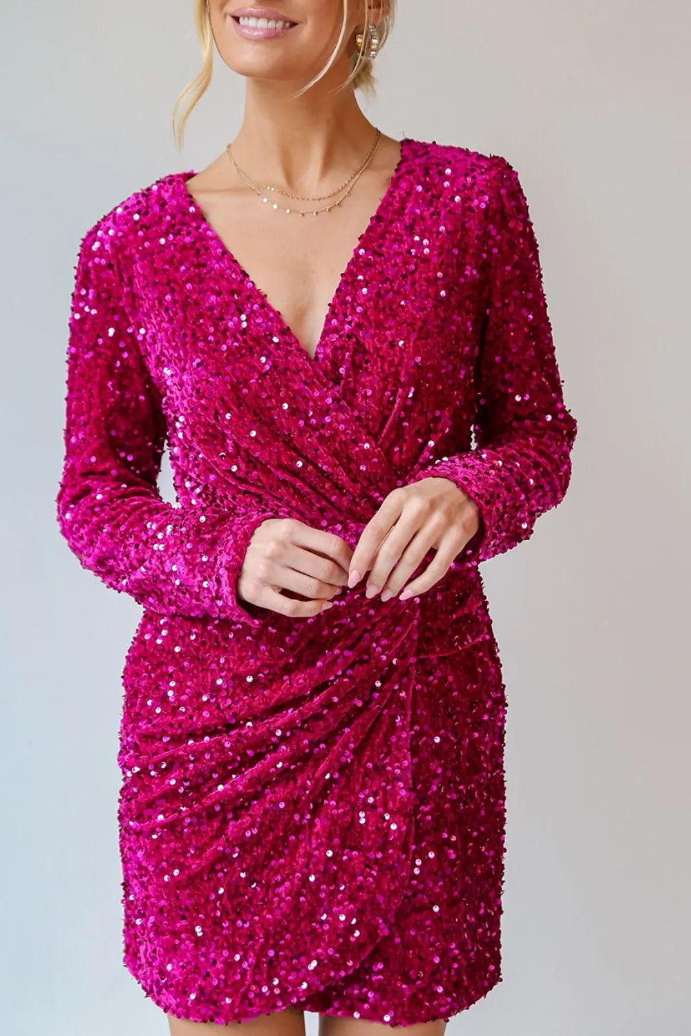Sequin Surplice Long Sleeve Mini Dress – Color Option 1 | Celina Studio