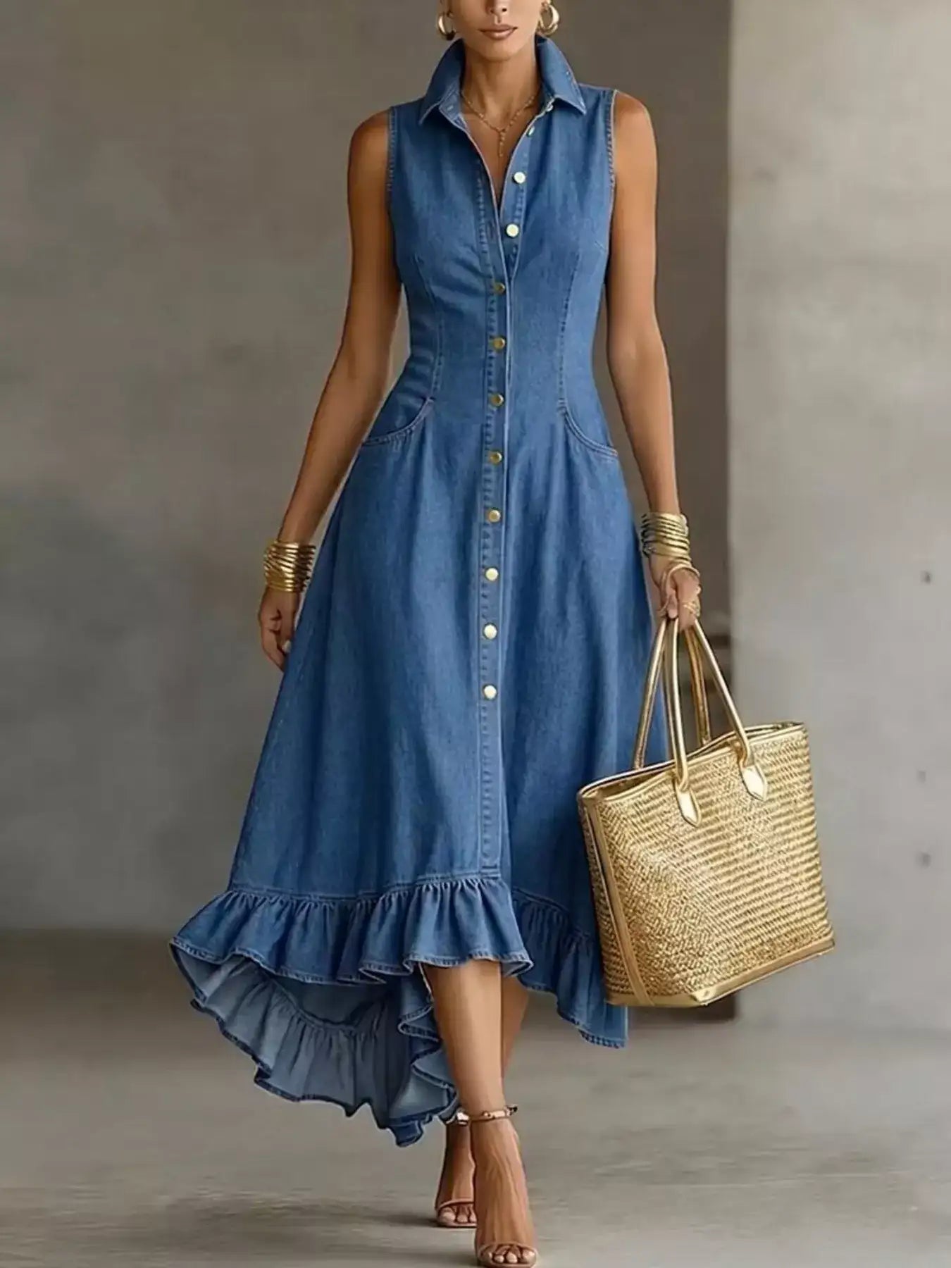 Sleeveless Ruffled Hem Denim Dress – Side View